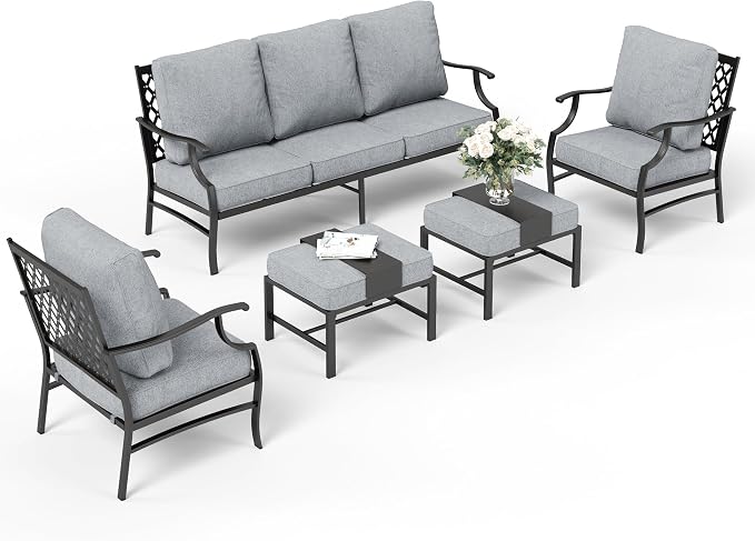 SUNSHINE VALLEY 5 Piece Metal Outdoor Patio Furniture Set, Patio Conversation Sets 1 3-seater Sofa, 2 Fixed Chair, 2 Ottomans with 5.75" Thick Cushion, Black All-weather Frame Backyard Furniture, Gray