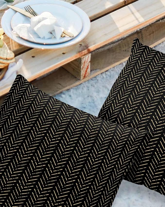 Black Gold Striped Outdoor Pillow Covers Waterproof,All Weather Cushion Case Set of 2 Decorative Pillowcases for Sofa Couch Bed Decor Patio Furniture 18"x18" Boho Minimalist Geometric Bohemia