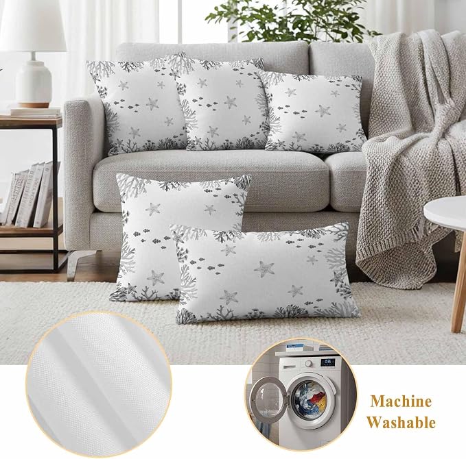 Summer Ocean Grey Coral Outdoor Waterproof Throw Pillow Covers Set of 2, 18"x18", Nautical Sea Watercolor Fish Starfish Decorative Pillow Covers Outside Cushion Case for Patio Porch Garden