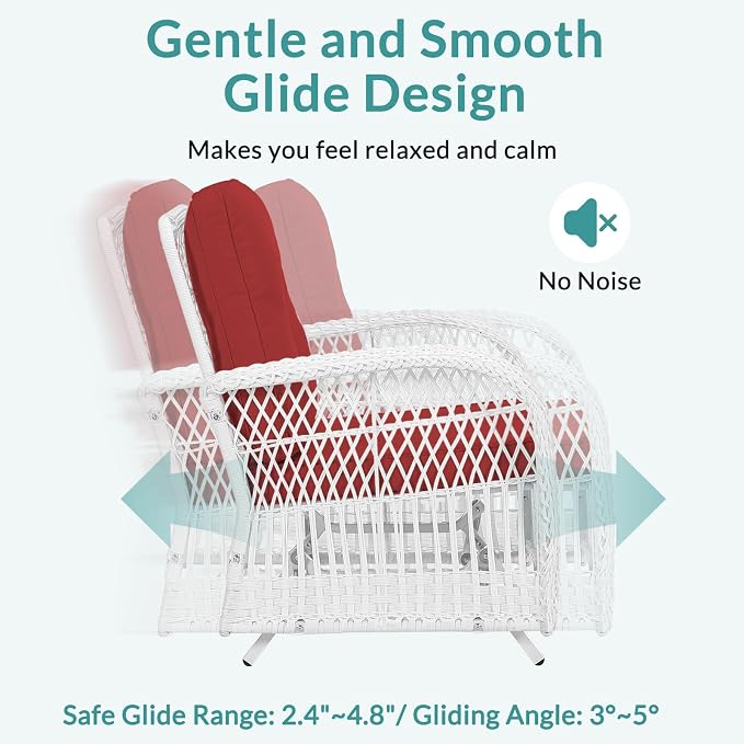 MEETWARM Patio Wicker Rocking Glider Set, All-Weather Outdoor Rattan Patio Rocking Chairs of 2, Patio Conversation Set with Thickened Cushions for Porch Garden & Backyard, White Wicker/Red