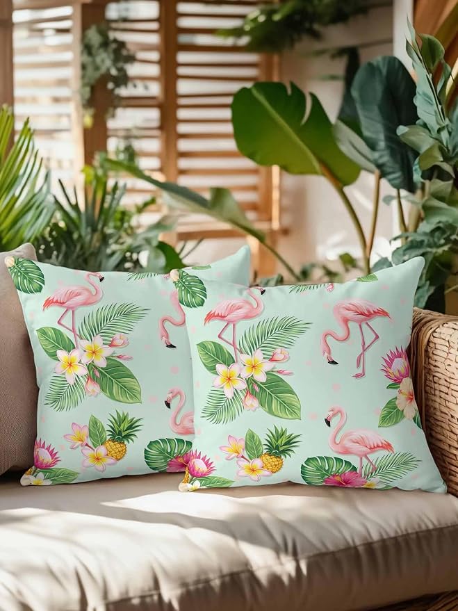 Outdoor Waterproof Throw Pillows 18x18in, Summer Flamingos Tropical Leaf Patio Pillows Pack of 2, Decorative Pillow Covers with Insert, Pillow Cushion Case for Garden Couch Sofa Pink Flower Pineapple