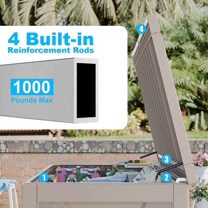 320 Gallon Outdoor Deck Box, Resin Waterproof Storage Box With Lockable Lid, UV-Resistant Multi-Purpose Outdoor Storage Bench for Patio Cushions, Garden Tools, Pool Accessories (Grey)