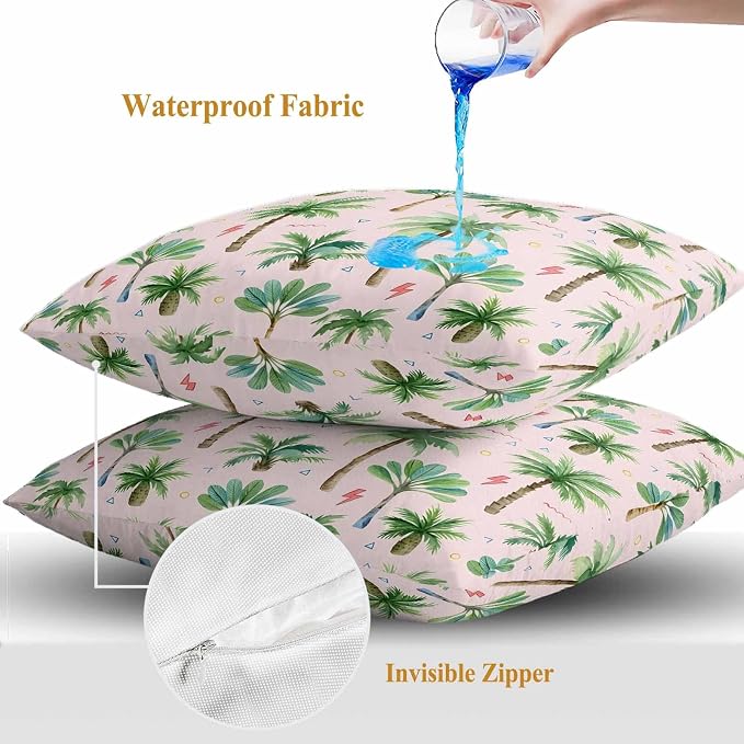 Yukro Tropical Palm Tree Outdoor Waterproof Pillow Covers Pack of 2, Lightning Summer Forest Pink Boho Throw Pillowcases Decorative Cushion Covers for Garden Patio Tent Sofa Couch, 20x20 inch