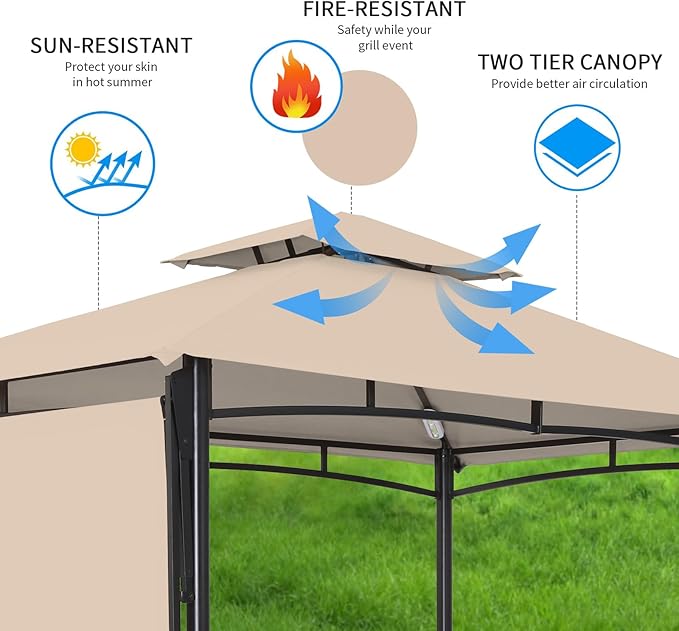 FAB BASED 5x8 Grill Gazebo with Extra Awning, All-Weather Steel Construction, Double Tiered & Resistant Canopy Roof, Metal Serving Shelves, 2 LED, Bottle Opener for Patio, Backyard, BBQ (Khaki)