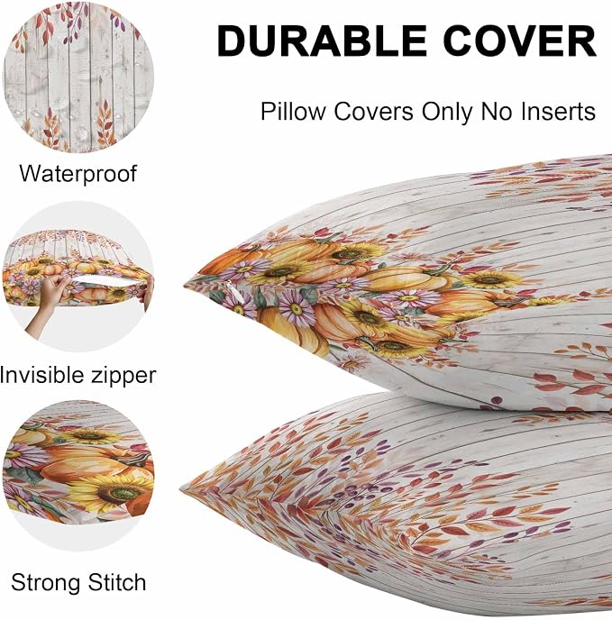 Orange Pumpkins Outdoor Waterproof Pillow Covers, Eucalyptus Leaves Sunflowers Wood Grain Decorative Rectangle Throw Pillowcase Sofa Cushion Sham for Patio/Couch/Chair, 20"x12" 2 Pack