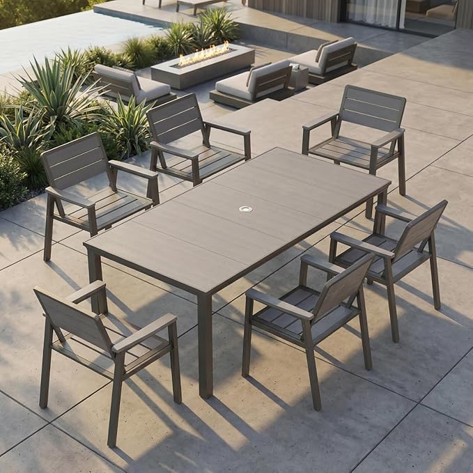 4 Person Outdoor Dining Set, Aluminum & HDPE Patio Table and Chairs with 2" Umbrella Hole, Weather-Resistant Outdoor Furniture for Backyard, Deck, Porch, Garden, Poolside (Grey)