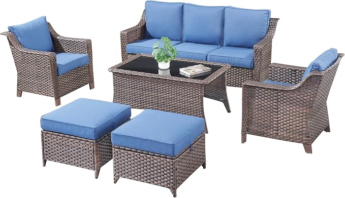 6 Pieces Outdoor Patio Furniture-High Back Rattan Wicker Couch with Outdoor Chairs Patio Conversation Sets for Porch Garden Backyard Poolside-Brown/Blue