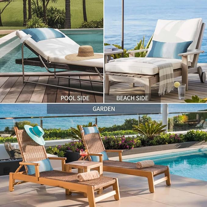 Outdoor Lumbar Pillow Set of 2, Aqua Blue Striped Waterproof Beach Headrest Pillow with Inserts, Blue White Ombre Farmhouse Gradient Recliner Throw Pillows for Patio Furniture, 11 x 16