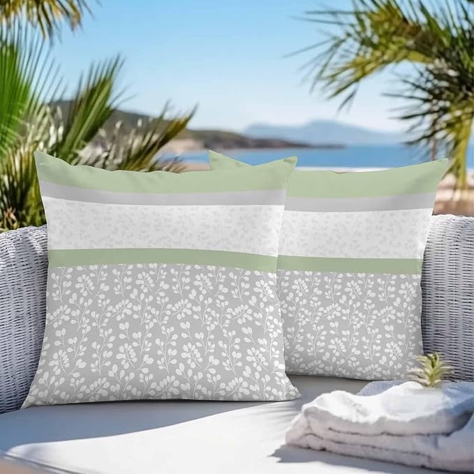 Farmhouse Flower Design Outdoor Pillow Covers 20x20in Pack of 2 Waterproof Pillowcase Green Grey White Stripe Stitching Decorative Throw Cushion Case for Patio Couch Sofa