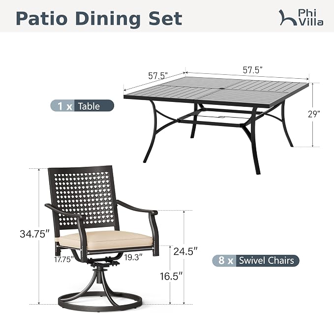 PHI VILLA Outdoor Dining Set for 8, Square Metal Table & Swivel Chairs | 9 pcs 57.5" black wrought iron furniture w/ umbrella hole. All weather for patio, deck, yard, porch