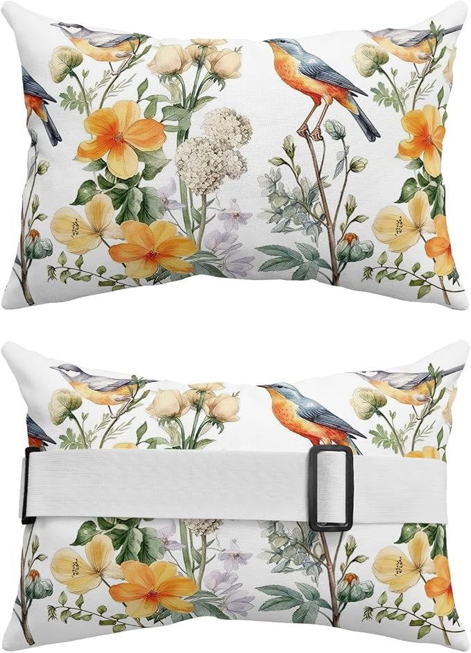 Outdoor Pillows Covers with Inserts Spring Watercolor Vintage Yellow Flowers and Birds Waterproof Pillow with Adjustable Strap Throw Pillows for Patio Furniture Recliner Lounge Chair, 11x16 inch, 2PCS