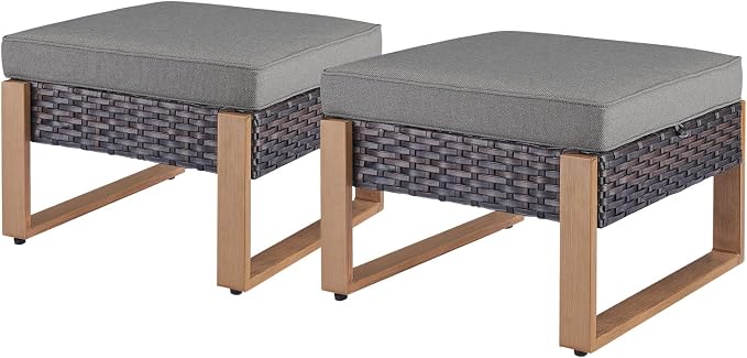 Rilyson Outdoor Ottoman Wicker Patio Footrest - 2 Piece Wicker Footrest Footstools Set with Sturdy Frame,All-Weather PE Wicker, Thick Cushions for Deck Porch Garden(Brown/Grey)