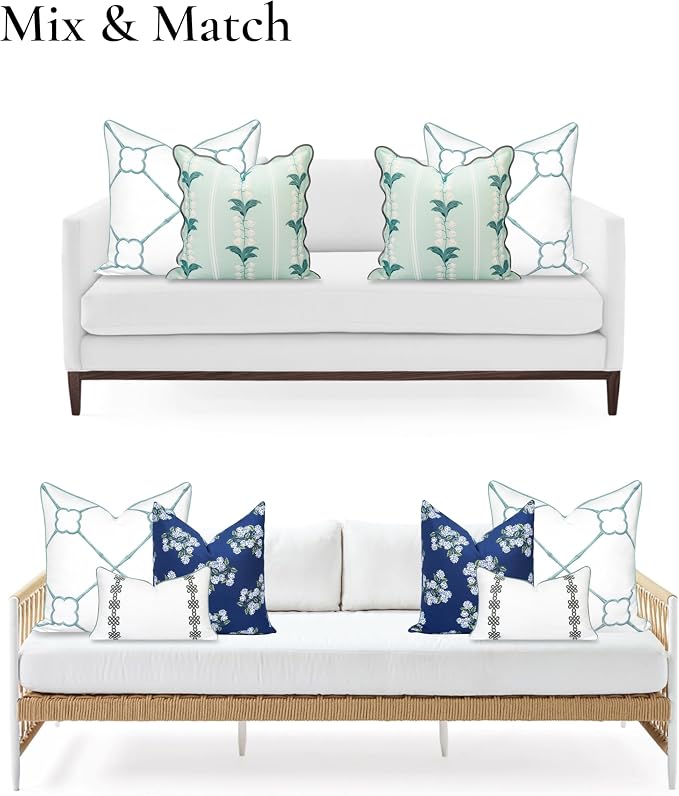 Hofdeco Premium Coastal Hampton Patio Indoor Outdoor Throw Pillow Cover Only, 22"x22" Water Repellent for Backyard, Couch, Poolside, Forest Celadon Green Print Bamboo Trellis