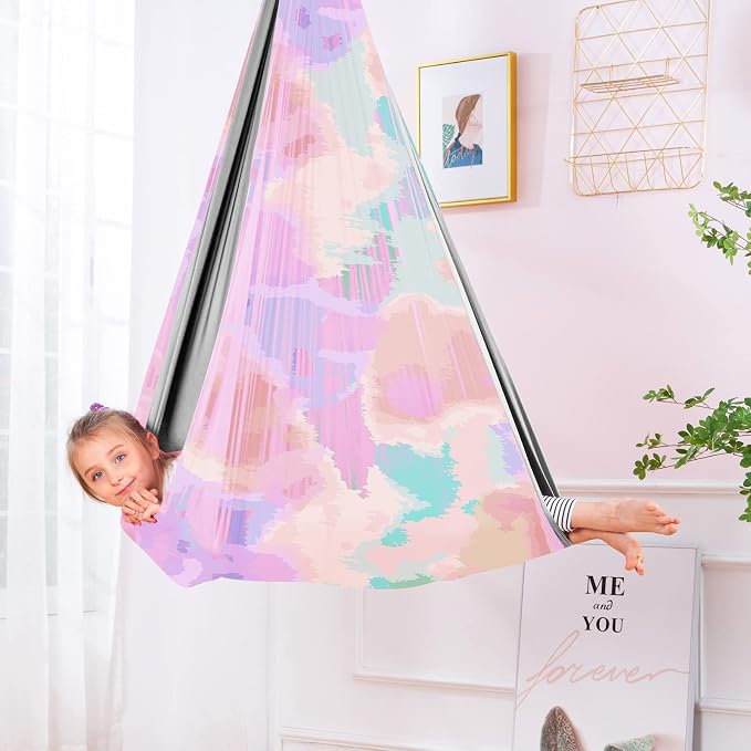 Therapy Swing Hammock Kids Cuddle Sensory Swing Indoor Therapeutic Hammock 360° Rotating Double Layer Elastic Rocking Cloth Swing Gifts for Children with ADHD SPD Asperger Autism (Rainbow+Grey)
