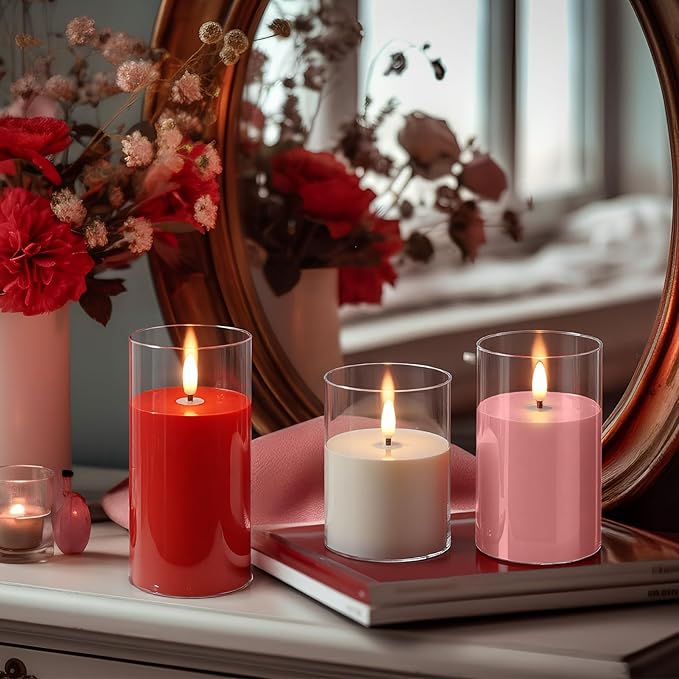 Tuanse 3 Pcs Battery Powered Valentine Flameless Candles (Pink, Red, White) with Mixed Size Xmas Color Flickering LED Lights Pillars for Valentine Winter Home Party Decoration