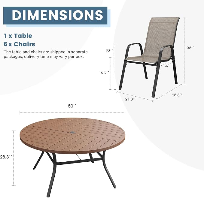 DIFY 7 Piece Outdoor Dining Set, 50" Walnut Round Metal Dining Table and Brown Textilene Stackable Patio Chairs, Patio Table and Chairs Set for 6 with Umbrella Hole for Backyard Garden Deck