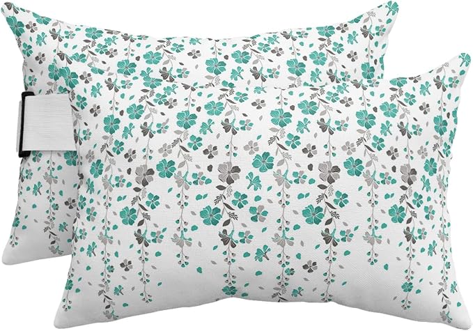 Outdoor Pillows Covers with Inserts Flower Teal Grey Cherry Blossoms White Waterproof Pillow with Adjustable Strap Throw Pillows for Patio Furniture Recliner Lounge Chair, 11x16 inch, 2PCS