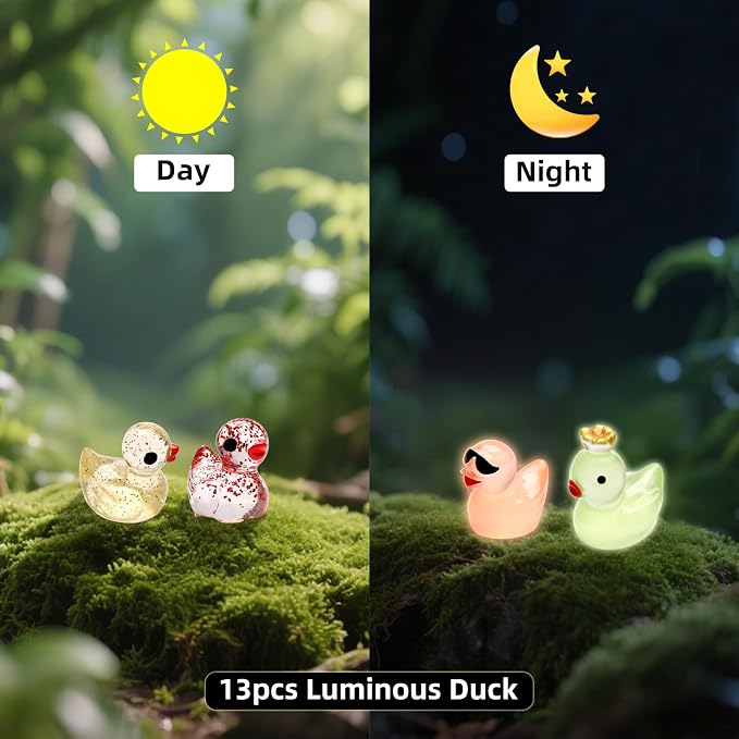 25pcs Mini Ducks Fairy Garden Accessories with Mini Suitcase | 12pcs Glitter & 13pcs Luminous Duck Mini Resin Animals figures for Garden Decor, Landscape Decor, DIY Craft, Succulents