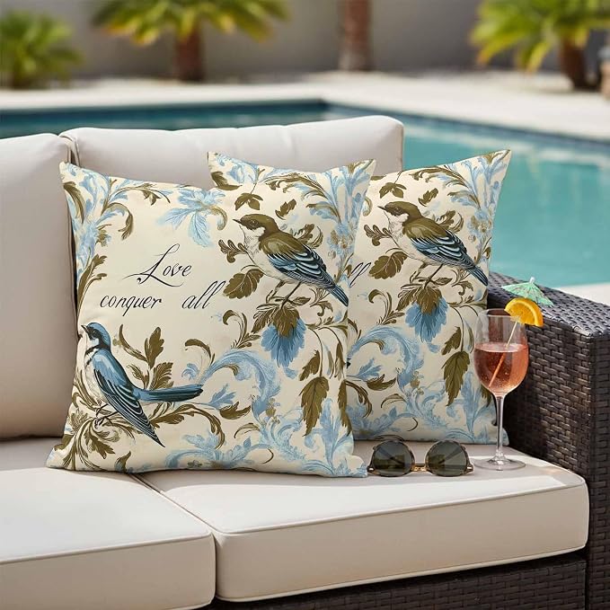 Vintage Bird Flower Outdoor Waterproof Throw Pillow Covers Set of 2, 24"x24", Watercolor Green Blue Floral Decorative Pillow Covers Outside Cushion Case for Patio Porch Garden