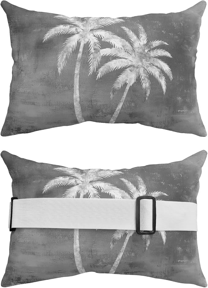 Palm Trees Tropical Outdoor Pillows for Chaise Lounge Chair Waterproof Lumbar Pillows with Insert&Adjustable Strap Beach Headrest Pillow Shabby Black Summer Coastal Recliner Pool Pillow 11"x16"