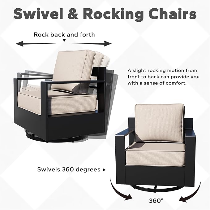 Outdoor Aluminum Furniture Set, 6-Piece Patio Conversation Set, 2 Swivel Chairs, 2 Chairs,1 Sofa and 1 Table, All-Weather Metal Frame, 6" Thick Removable Cushions, Deep Setting for Garden, Porch