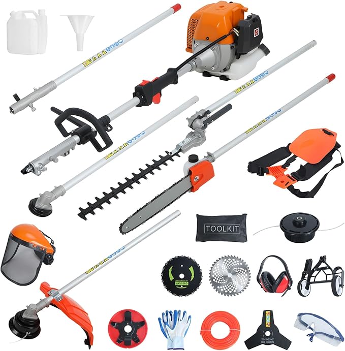 52cc 2-Cycle Gas Powered Weed Eater, Heavy-Duty Brush Cutter, Gas String Trimmer & Hedge Trimmer Combo Kit with Extension Pole, 2.3KW Multi-Functional Trimming Tool for Weeds Grass Orange
