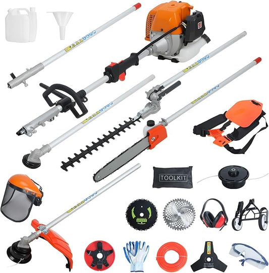 52cc 2-Cycle Gas Powered Weed Eater, Heavy-Duty Brush Cutter, Gas String Trimmer & Hedge Trimmer Combo Kit with Extension Pole, 2.3KW Multi-Functional Trimming Tool for Weeds Grass Orange