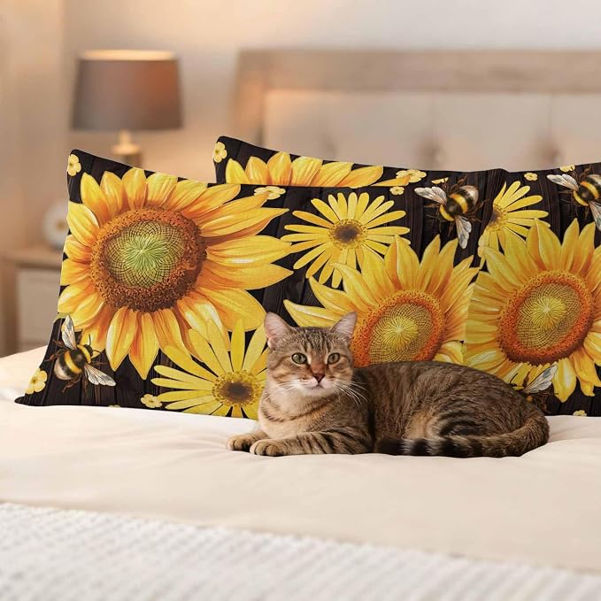 Outdoor Throw Pillow Covers,Yellow Sunflower Daisy Flower Waterproof Decorative Pillowcases Cushion Cover Spring Rustic Floral Bee Black Pillow Cases for Patio Couch Sofa Bed,20x12in Set of 2