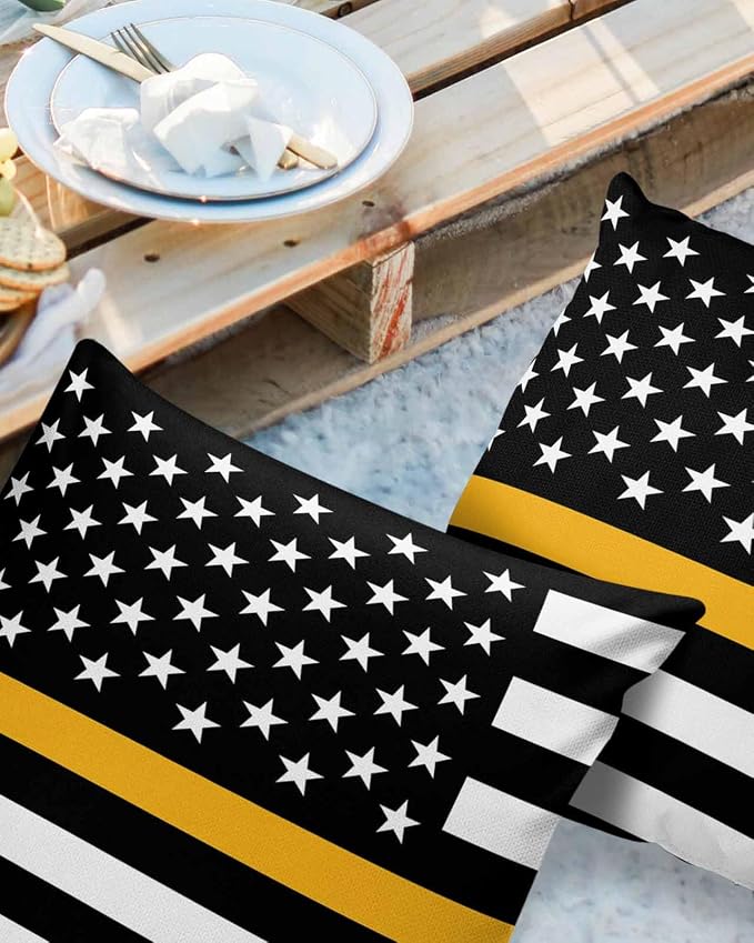 Outdoor Waterproof Pillow Covers Set of 2, Thin Gold Line Dispatchers Dispatch Communications Officer American Flag Patio Throw Pillow Covers, Decorative Cushion Case for Sofa Furniture, 16x16 Inch