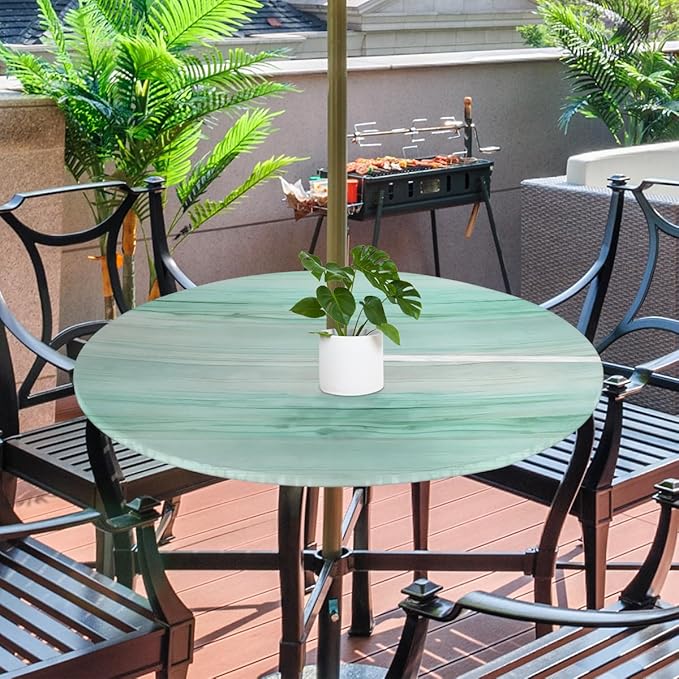 Fitted Round Tablecloth with Umbrella Hole and Zipper Green Stripes Texture Outdoor Elastic Table Cloth 36"-44" Oil-Proof Waterproof Gradient Patio Table Cover for Party Outdoor
