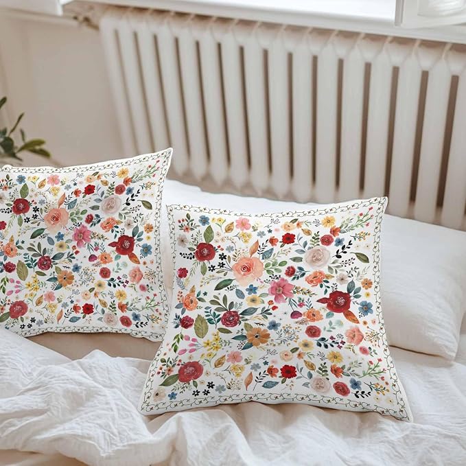 Vandarllin Outdoor Throw Pillows Covers 24x24 inch Set of 2 Waterproof Cream Floral Decorative Zippered Cushion Covers for Patio Furniture, Farmhouse Vintage Flower Lumbar Pillowcases