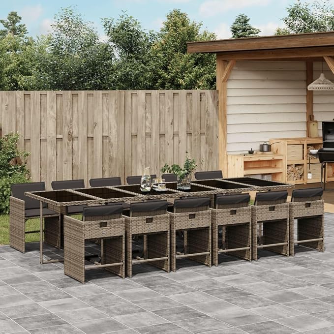 13 Piece Patio Dining Set with Cushions Gray Poly Rattan Outdoor Table and 12 Chairs for Garden Backyard Deck Entertaining, Tempered Glass Top, Foldable Seats, Removable Covers