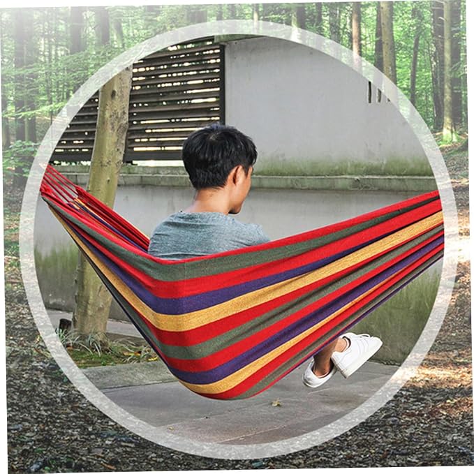 Toddmomy Outdoor Camping Striped Hammock Portable Canvas Hammock for Garden Indoor Use Lightweight Comfortable Easy to Assemble for Hiking Traveling Relaxation European Rainbow