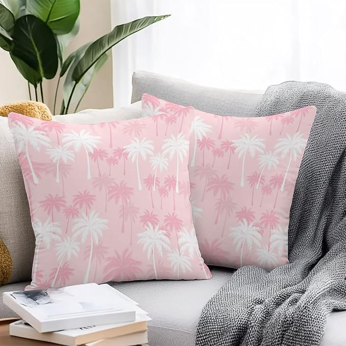 Throw Pillow Covers 16x16 Inch Set of 2, Tropical Palm Tree Waterproof Outdoor Pillow Covers, Pink White Plants Coastal Leaf Beach Decorative Cushion Pillowcases for Couch, Sofa, Bed, Garden, Patio