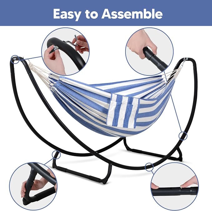 SUNCREAT Portable Large Hammock with Stand, Two Person Hammock with Stand Included, Patent Pending, Blue White