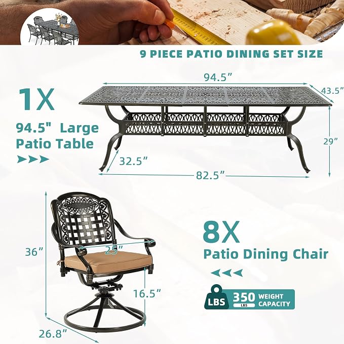 MEETWARM 9-Piece Outdoor Patio Dining Set, All Weather Cast Aluminum Patio Funiture Table and Chairs Set- 94.5” Rectangular Table and 8 Cushioned Swivel Rocker Chairs for Garden, Umbrella Hole, Khaki