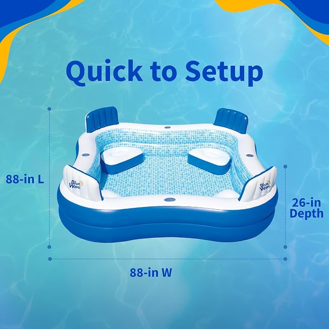 Blue Wave Premier Family Inflatable Pool with Seats – 88-in x 88-in x 26-in Four-Seater Pool for Backyard Fun – Durable 4-Person Inflatable Pool with Cover, Drain Plug & Repair Patch