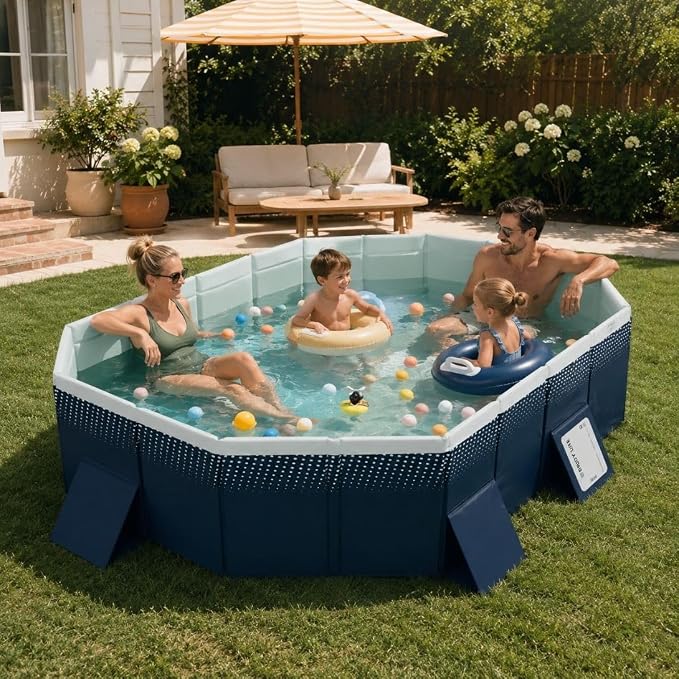 Large Foldable Pool, Non Inflatable Pool with 4-Layer Composite PVC, Sturdy Triangular Support Boards, Double Drains, Foldable Outdoor Pool for Backyard Kids & Adults, 5 Sizes