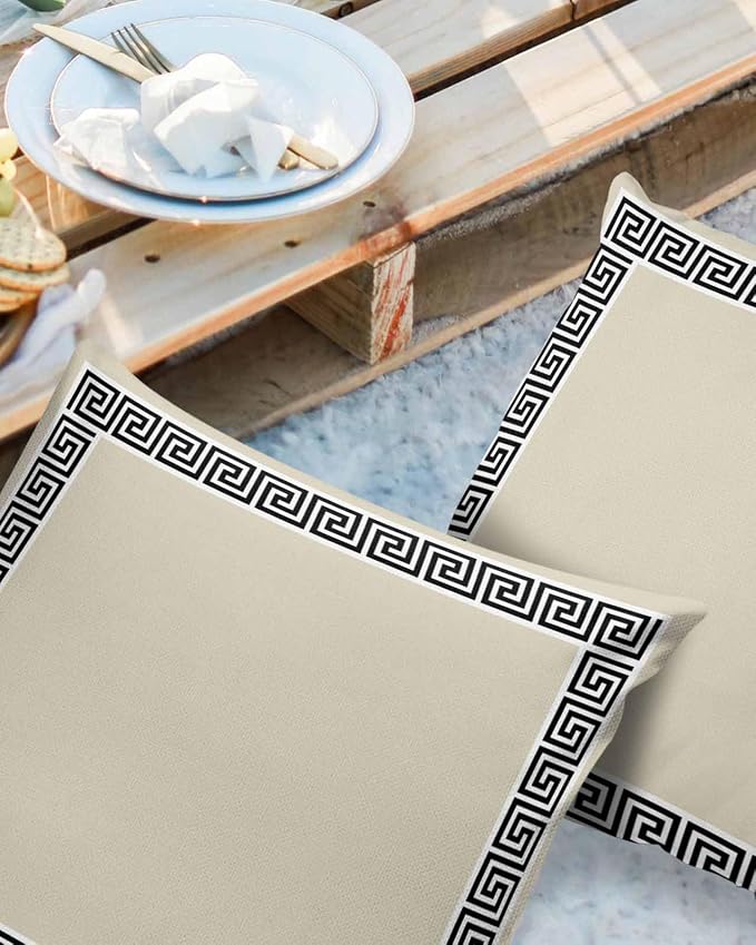 Prime Leader Outdoor Waterproof Pillow Covers Set of 2, Chinese Style Pattern Khaki Background Patio Throw Pillow Covers, Decorative Cushion Case for Couch Sofa Furniture Garden, 24x24 Inch