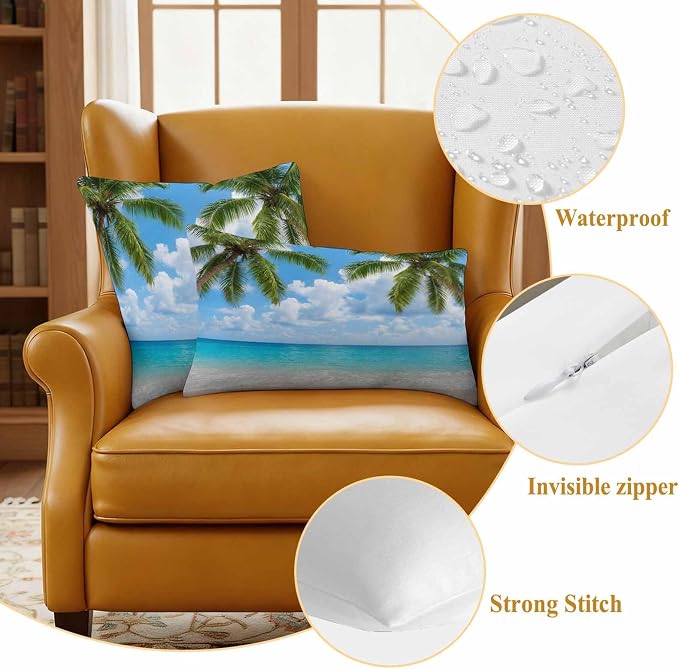 Yukro Tropical Beach Outdoor Waterproof Pillow Covers Pack of 2, Starfish Palm Tree Sky Coastal Throw Pillowcases Decorative Cushion Covers for Garden Patio Tent Sofa Couch, 26x26 inch