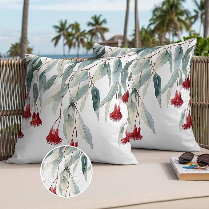 Red Floral Leaves Waterproof Outdoor Pillow Covers Set of 2 Home Decor, Pastoral Rustic Botanical Flowers Pillowcase Patio Pillow Covers for Couch Bench Furniture Garden 18x18in