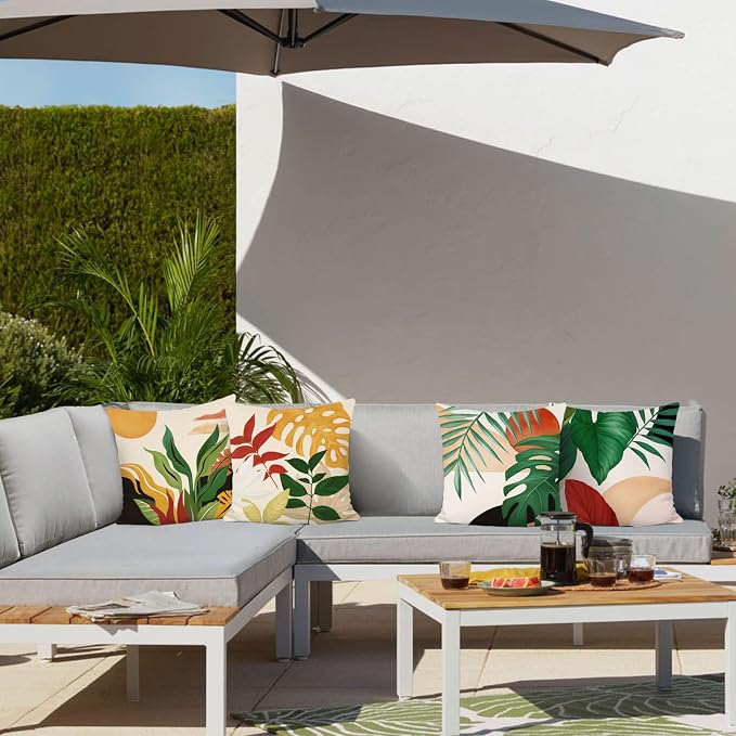 Bonhause Tropical Leaves Throw Pillow Covers 18x18 Set of 4 Summer Palm Leaf Sunset Decorative Pillows Case Soft Velvet Cushion Covers for Outdoor Couch Sofa Patio Decor
