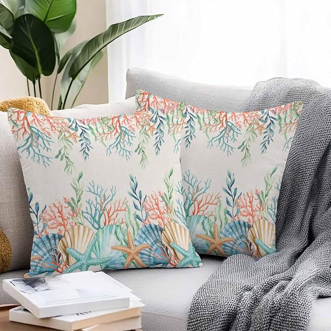Throw Pillow Covers 20x20 Inch Set of 2, Summer Ocean Waterproof Outdoor Pillow Covers, Watercolor Coastal Coral Shell Seaweed Beige Decorative Cushion Pillowcases for Couch, Sofa, Bed, Garden, Patio