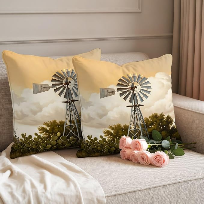 Windmill Outdoor Pillow Covers 18"x18" Set of 2, Windmill Farmhouse Sunset Field Trees Rustic Waterproof Throw Pillow Covers for Patio Furniture, Decorative Cushion Covers for Porch