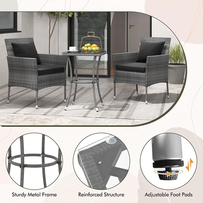 DORTALA Wicker Patio Furniture Set 3 Piece, Small Outdoor Table & Chairs with Tempered Glass Tabletop, Cushions, Rattan Conversation Bistro Set for Balcony, Porch, Backyard, Deck, Mix Gray+Black