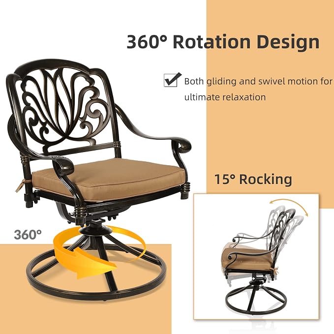 5 Piece Patio Dining Set, Outdoor Table and Chairs Set for 4 Cushioned Swivel Rocking Chairs and 35.4'' Square Table, All-Weather Cast Aluminum Patio Funiture Set, 2.2'' Umbrella Hole
