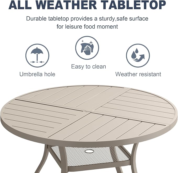 VICLLAX Patio 5 Pieces Outdoor Dining Set, 40.6" Round Metal Table with Umbrella Hole and Storage Shelf, 4 Swivel Textilene Chairs for Lawn, Garden, Porch, Sandshell