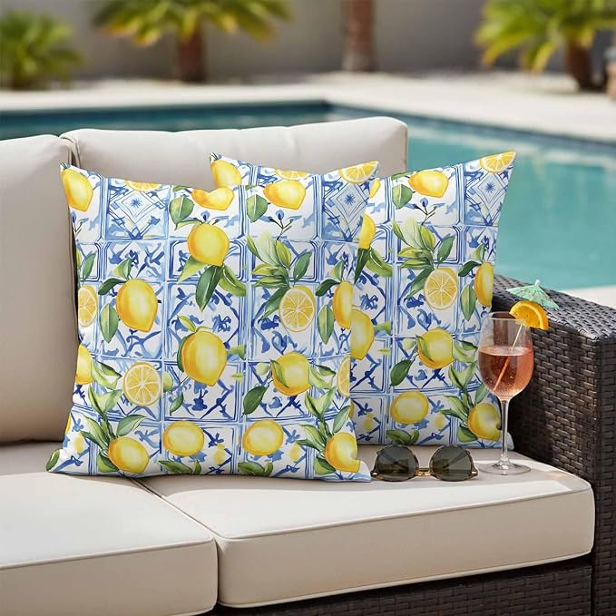 Outdoor Waterproof Pillow Covers Lemon Fruit Pack of 2 Lumbar Pillow Cover Leaves Blue Decorative Cushion Pillowcases for Patio Couch Bench Garden 16 x 16 Inches