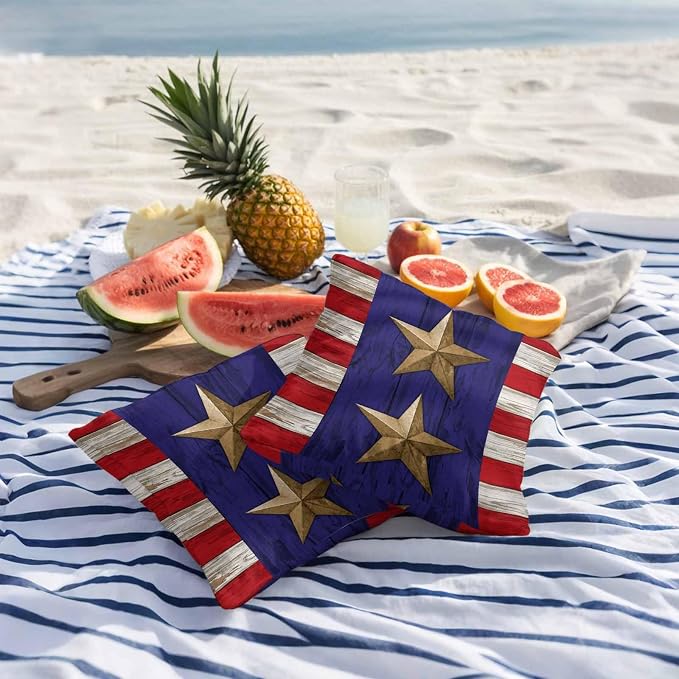 4th of July Outdoor Throw Pillows Covers 18x18 inch Set of 2 Waterproof Patriotic Stars Stripes Decorative Zippered Cushion Covers for Patio Furniture, Red White Blue Wood Grain Lumbar Pillowcases