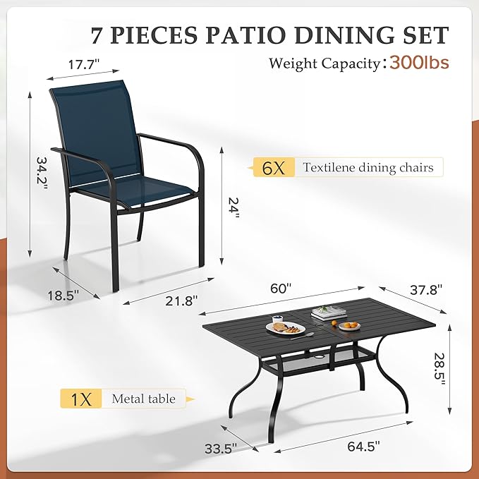 7-Piece Patio Dining Set,6 Person Outdoor Table and Chairs Set, 6 Metal Dining Chairs and Rectangular Outdoor Table with 1.57" Umbrella Hole,Blue